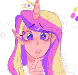 Size: 398x382 | Tagged: safe, artist:healhaw, artist:mercysstrap, princess cadance, human, g4, bust, elf ears, eyelashes, female, heart eyes, horn, horned humanization, humanized, jewelry, tiara, wingding eyes