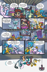 Size: 4400x6800 | Tagged: safe, artist:lytlethelemur, gallus, ocellus, sandbar, silverstream, smolder, yona, changedling, changeling, classical hippogriff, dragon, earth pony, griffon, hippogriff, pony, yak, comic:study break, g4, bowtie, bunk bed, cake, comic, dragoness, drug use, female, fire, fire breath, food, high, implied ember, implied gallstream, mouth hold, nom, poison joke, raised hoof, smoking, student six, synesthesia, wat