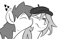 Size: 1976x1296 | Tagged: safe, artist:skookz, oc, oc only, earth pony, pony, 4chan, blushing, cheek kiss, cute, eyes closed, grayscale, grumpy, hat, heart, kissing, monochrome, shipping, simple background, white background