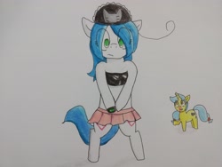 Size: 4000x3000 | Tagged: safe, artist:cherro, oc, oc only, oc:mal, oc:viewing pleasure, pony, bipedal, blood, clothes, miniskirt, nosebleed, skirt, traditional art