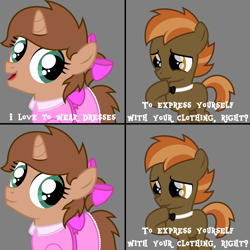 Size: 3488x3488 | Tagged: safe, artist:peternators, button mash, oc, oc:heroic armour, earth pony, pony, unicorn, g4, bow, bowtie, clothes, colt, crossdressing, dialogue, dress, duo, duo male, exploitable meme, eyelashes, femboy, for the better right?, high res, male, meme, ribbon, sissy, text