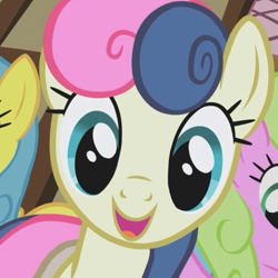 Size: 600x600 | Tagged: safe, screencap, bon bon, daisy, flower wishes, lemon hearts, sweetie drops, earth pony, pony, g4, season 1, the ticket master, adorabon, cropped, cute, female, offscreen character, open mouth, open smile, smiling