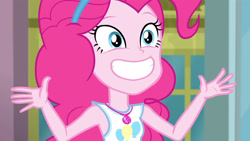 Size: 3410x1920 | Tagged: safe, screencap, pinkie pie, equestria girls, equestria girls series, g4, super squad goals, armpits, clothes, cute, cutie mark, cutie mark on clothes, diapinkes, faic, female, geode of sugar bombs, grin, jewelry, magical geodes, necklace, smiling, solo, tank top