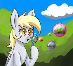 Size: 1550x1400 | Tagged: safe, artist:zachc, derpy hooves, pegasus, pony, g4, blowing bubbles, blurry background, bubble, colored, female, slender, solo, thin