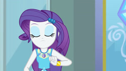 Size: 3410x1920 | Tagged: safe, screencap, rarity, equestria girls, equestria girls series, g4, super squad goals, bracelet, clothes, cutie mark, cutie mark on clothes, eyes closed, female, geode of shielding, hairpin, jewelry, magical geodes, rarity peplum dress, solo