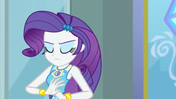 Size: 3410x1920 | Tagged: safe, screencap, rarity, equestria girls, equestria girls series, g4, super squad goals, bracelet, clothes, cutie mark, cutie mark on clothes, eyes closed, female, geode of shielding, hairpin, jewelry, magical geodes, rarity peplum dress, solo