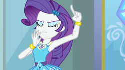 Size: 3410x1920 | Tagged: safe, screencap, rarity, equestria girls, equestria girls series, g4, super squad goals, armpits, arms in the air, bracelet, clothes, cutie mark, cutie mark on clothes, eyes closed, female, geode of shielding, hairpin, hands in the air, jewelry, magical geodes, rarity peplum dress, solo