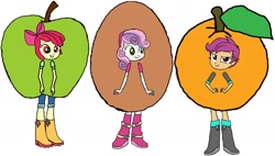 Size: 2388x1356 | Tagged: safe, artist:kigtoons, apple bloom, scootaloo, sweetie belle, equestria girls, forever filly, g4, apple costume, clothes, costume, egg costume, food, food costume, orange costume