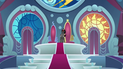 Size: 1000x563 | Tagged: safe, screencap, king sombra, pony, unicorn, g4, the beginning of the end, canterlot, canterlot castle, canterlot throne room, evil laugh, laughing, male, solo, throne