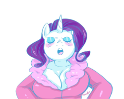 Size: 1178x940 | Tagged: safe, artist:breezietype, rarity, unicorn, anthro, g4, big breasts, blushing, breasts, bust, busty rarity, cleavage, eyes closed, eyeshadow, female, makeup, mare, open mouth, simple background, solo, white background