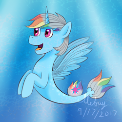 Size: 900x900 | Tagged: safe, artist:ilebuy, oc, oc only, alicorn, pony, seapony (g4), bubble, crepuscular rays, dorsal fin, fin wings, fish tail, flowing tail, horn, ocean, open mouth, pink eyes, seaponified, signature, smiling, solo, species swap, sunlight, swimming, tail, underwater, water, wings