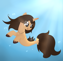 Size: 2479x2419 | Tagged: safe, artist:xx-danxyg-xx, oc, oc only, pony, seapony (g4), unicorn, brown eyes, brown mane, bubble, crepuscular rays, dorsal fin, female, fish tail, flowing mane, flowing tail, high res, horn, jewelry, necklace, ocean, open mouth, seaponified, smiling, solo, species swap, sunlight, swimming, tail, underwater, water