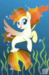 Size: 750x1129 | Tagged: safe, artist:spring-heart, oc, oc only, pegasus, pony, seapony (g4), base used, blue background, blue eyes, bubble, crepuscular rays, dorsal fin, female, fin wings, fish tail, flowing mane, flowing tail, glasses, ocean, open mouth, seaponified, seaweed, simple background, smiling, solo, species swap, tail, underwater, water, wings