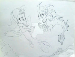 Size: 1253x940 | Tagged: safe, artist:evergreen-gemdust, princess skystar, oc, hybrid, seapony (g4), g4, my little pony: the movie, deviantart watermark, dorsal fin, female, fin wings, fins, fish tail, flowing tail, freckles, jewelry, looking at each other, necklace, obtrusive watermark, ocean, open mouth, pearl necklace, seaweed, simple background, swimming, tail, traditional art, underwater, water, watermark, white background, wings