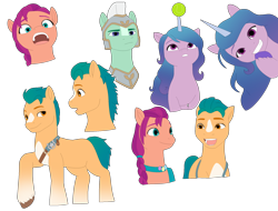 Size: 1964x1494 | Tagged: safe, artist:fantasygerard2000, hitch trailblazer, izzy moonbow, sunny starscout, thunder flap, earth pony, pegasus, pony, unicorn, g5, my little pony: a new generation, spoiler:g5, spoiler:my little pony: a new generation, armor, bag, ball, blaze (coat marking), coat markings, facial markings, female, guard, izzy's tennis ball, looking at each other, looking at you, male, mare, open mouth, pegasus royal guard, royal guard, saddle bag, simple background, smiling, smiling at each other, smiling at you, socks (coat markings), stallion, tennis ball, transparent background