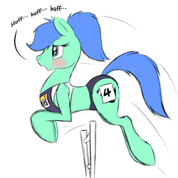 Size: 4096x4096 | Tagged: safe, artist:naivintage, oc, oc only, oc:spearmint, earth pony, pony, blushing, clothes, crossdressing, huff, hurdle, jumping, leaping, male, olympics, panting, ponytail, solo, sports, sports bra, sports outfit, sports panties, stallion, text, track and field, trap