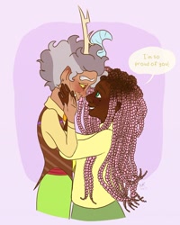 Size: 1080x1350 | Tagged: safe, artist:karmastarva, discord, fluttershy, human, g4, abstract background, bust, clothes, dark skin, female, horn, horned humanization, humanized, male, ship:discoshy, shipping, smiling, straight, talking