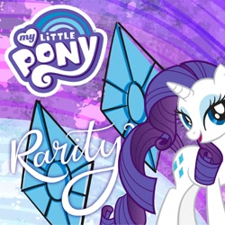 Size: 1080x1080 | Tagged: safe, rarity, pony, unicorn, g4, my little pony: rainbow roadtrip, official, cutie mark, facebook, female, mare, my little pony logo, rainbow, rarity month, solo, text