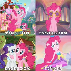 Size: 1080x1080 | Tagged: safe, pinkie pie, rarity, earth pony, pony, unicorn, equestria girls, g4, official, apple, apple tree, bare shoulders, clothes, clubhouse, crusaders clubhouse, dolly parton challenge, dress, facebook, female, hat, instagram, linkedin, mare, meme, propeller hat, sleeveless, strapless, sunglasses, tinder, tree