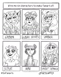 Size: 1600x2021 | Tagged: safe, artist:erazonpo3, sunset shimmer, equestria girls, g4, catra, clothes, crossed arms, crossover, danny phantom, female, jacket, lineart, monochrome, she-ra and the princesses of power, six fanarts, smiling, smirk, star butterfly, star vs the forces of evil, unamused