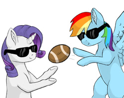 Size: 800x637 | Tagged: safe, artist:ukulelepineapplecat, rainbow dash, rarity, pegasus, pony, unicorn, g4, american football, bust, duo, female, flying, mare, simple background, smiling, sports, sunglasses, white background, wings