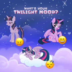 Size: 1080x1080 | Tagged: safe, mean twilight sparkle, twilight sparkle, alicorn, pony, g4, my little pony: the movie, official, the mean 6, cloud, emoji, facebook, female, heart, mare, night, on a cloud, stars, stock vector, text, twilight sparkle (alicorn)