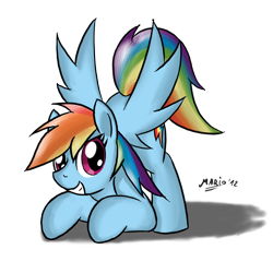 Size: 1000x1000 | Tagged: safe, artist:srmario, rainbow dash, pegasus, pony, g4, eyelashes, face down ass up, female, grin, mare, signature, simple background, smiling, transparent background, wings