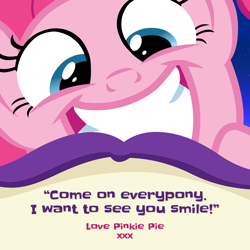 Size: 1080x1080 | Tagged: safe, pinkie pie, earth pony, pony, g4, official, facebook, female, mare, smiling, solo, text