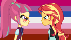 Size: 1280x720 | Tagged: safe, artist:3d4d, sour sweet, sunset shimmer, equestria girls, g4, my little pony equestria girls: friendship games, bisexual pride flag, blushing, female, lesbian, lesbian pride flag, pride, pride flag, shipping, sourshimmer