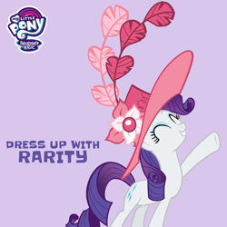 Size: 1080x1080 | Tagged: safe, rarity, pony, unicorn, g4, official, facebook, female, hat, mare, my little pony logo, purple background, simple background, solo, text