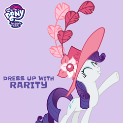 Size: 1080x1080 | Tagged: safe, rarity, pony, unicorn, g4, official, ^^, eyes closed, facebook, female, hat, mare, my little pony logo, purple background, simple background, solo, text