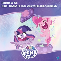 Size: 1080x1080 | Tagged: safe, pinkie pie, twilight sparkle, alicorn, earth pony, pony, g4.5, my little pony: pony life, official, abstract background, confetti, duo, facebook, female, hasbro logo, mare, my little pony logo, present, surprised, twilight sparkle (alicorn)