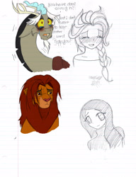 Size: 2479x3229 | Tagged: safe, artist:chibi-n92, discord, big cat, draconequus, human, lion, g4, blushing, braid, clothes, eyes closed, female, high res, lined paper, male, partial color, simba, sketch, sketch dump, talking, the lion king, traditional art, wicked
