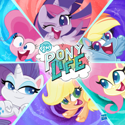 Size: 1905x1905 | Tagged: safe, applejack, fluttershy, pinkie pie, rainbow dash, rarity, twilight sparkle, alicorn, earth pony, pegasus, pony, unicorn, g4.5, my little pony: pony life, official, abstract background, facebook, female, hasbro logo, mane six, mare, my little pony logo, my little pony: pony life logo, twilight sparkle (alicorn)
