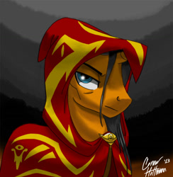 Size: 1200x1228 | Tagged: safe, artist:ceehoff, oc, oc only, oc:hellfire, pony, unicorn, fanfic:equestria's first human, cloak, clothes, horn, male, signature, solo, stallion, unicorn oc