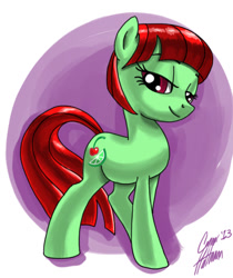 Size: 1100x1312 | Tagged: safe, artist:ceehoff, oc, oc only, oc:cherry limeade, earth pony, pony, abstract background, bedroom eyes, earth pony oc, eyelashes, female, mare, signature