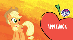 Size: 1657x931 | Tagged: safe, applejack, earth pony, pony, g4, official, abstract background, apple, applejack month, applejack's hat, cowboy hat, cutie mark, facebook, female, food, hat, mare, my little pony logo, solo, text, wallpaper