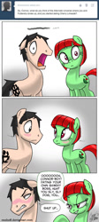 Size: 645x1440 | Tagged: safe, artist:ceehoff, oc, oc:cherry limeade, oc:connor, earth pony, pony, ask, bedroom eyes, dialogue, earth pony oc, female, male, mare, open mouth, raised hoof, signature, stallion, surprised