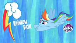 Size: 1657x931 | Tagged: safe, rainbow dash, pegasus, pony, g4, official, abstract background, cloud, cutie mark, facebook, female, flying, mare, my little pony logo, rainbow dash month, solo, text, wallpaper