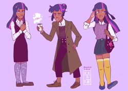 Size: 3600x2570 | Tagged: safe, artist:show-a-bit-of-teeth, twilight sparkle, human, g4, alternate hairstyle, bag, clothes, coat, coffee, cute, dark academia, dark skin, ear piercing, earring, female, flats, high res, humanized, jewelry, pants, piercing, purple background, shirt, shoes, simple background, skirt, solo, stockings, thigh highs, twiabetes, twilight sparkle is not amused, ugh, unamused, vest