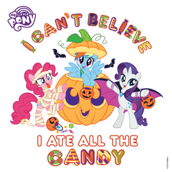 Size: 1241x1242 | Tagged: safe, pinkie pie, rainbow dash, rarity, bat, earth pony, pegasus, pony, unicorn, g4, official, bat wings, bipedal, bucket, candy, clothes, costume, cute, cute little fangs, facebook, fangs, female, food, halloween, holiday, jack-o-lantern, jewelry, mare, mummy costume, my little pony logo, necklace, pumpkin, simple background, trio, trio female, white background, wings