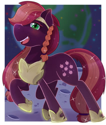Size: 1024x1205 | Tagged: safe, artist:kingkero, applejack, earth pony, pony, g4, earth, ethereal mane, female, green eyes, hoof shoes, jewelry, moon, nightmare applejack, nightmarified, open mouth, red mane, regalia, smiling, solo, space, sparkles, starry mane, teeth
