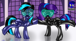 Size: 7680x4154 | Tagged: safe, alternate version, artist:damlanil, oc, oc:nightlight aura, oc:star eyes, pegasus, pony, bdsm, bedroom eyes, blindfold, bondage, bondage mask, boots, bound wings, catsuit, clothes, collar, commission, corset, duo, duo female, extended trot pose, female, gag, gimp suit, high heels, hood, hypnogear, hypnosis, hypnotized, latex, latex boots, latex suit, link in description, looking at you, mare, muzzle gag, night, night sky, raised hoof, raised leg, reflection, rubber, rubber suit, shiny, shiny mane, shoes, show accurate, sky, socks, standing on two hooves, story, story included, thigh highs, vector, visor, window, wings