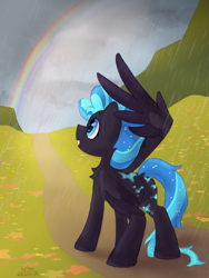 Size: 1628x2160 | Tagged: safe, artist:cherry_kotya, oc, oc only, pegasus, pony, colored hooves, flower, rain, rainbow, smiling, solo, wings