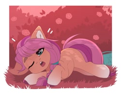 Size: 1500x1200 | Tagged: safe, artist:villjulie, sunny starscout, earth pony, pony, g5, bag, colored pinnae, female, flower, grass, looking at you, lying down, mare, one eye closed, open mouth, outdoors, sleepy, solo, yawn