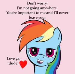 Size: 2390x2357 | Tagged: safe, artist:vareb, rainbow dash, pegasus, pony, g4, affection, bust, cute, dialogue, female, heart, high res, looking at you, mare, pink background, positive ponies, simple background, solo, talking to viewer, text, wholesome