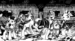 Size: 4256x2364 | Tagged: safe, artist:lexx2dot0, oc, oc only, oc:blackjack, oc:lacunae, oc:morning glory (project horizons), oc:p-21, oc:rampage, oc:scotch tape, alicorn, earth pony, pegasus, pony, unicorn, fallout equestria, fallout equestria: project horizons, series:ph together we reread, black and white, clothes, fanfic art, grayscale, high res, horn, jumpsuit, metro, monochrome, pipbuck, small horn, subway, vault security armor, vault suit