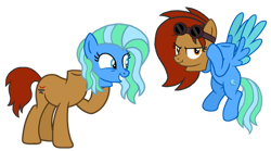 Size: 1280x712 | Tagged: safe, artist:motownwarrior01, oc, oc only, dullahan, earth pony, pegasus, pony, blue eyes, detachable head, disembodied head, earth pony oc, female, flying, grumpy, headless, hoof hold, mare, modular, nose wrinkle, orange eyes, partial body swap, pegasus oc, scrunchy face, simple background, smiling, spread wings, tail, transparent background, two toned mane, two toned tail, wings