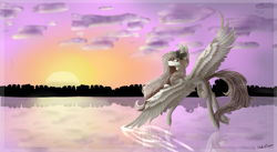 Size: 3310x1812 | Tagged: safe, artist:holoriot, artist:oashoxxo, oc, oc only, pegasus, pony, cloud, feather, female, flowing mane, flying, gray mane, reflection, ribbon, signature, sky, solo, spread wings, sun, sunrise, tree, water, wings