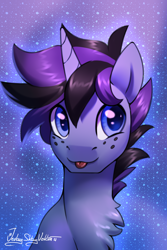 Size: 2000x3000 | Tagged: safe, artist:jedayskayvoker, oc, oc only, oc:lunar pulse, pony, bust, colored, colored sketch, cute, freckles, full color, high res, icon, looking at you, male, portrait, sketch, solo, stallion, tongue out